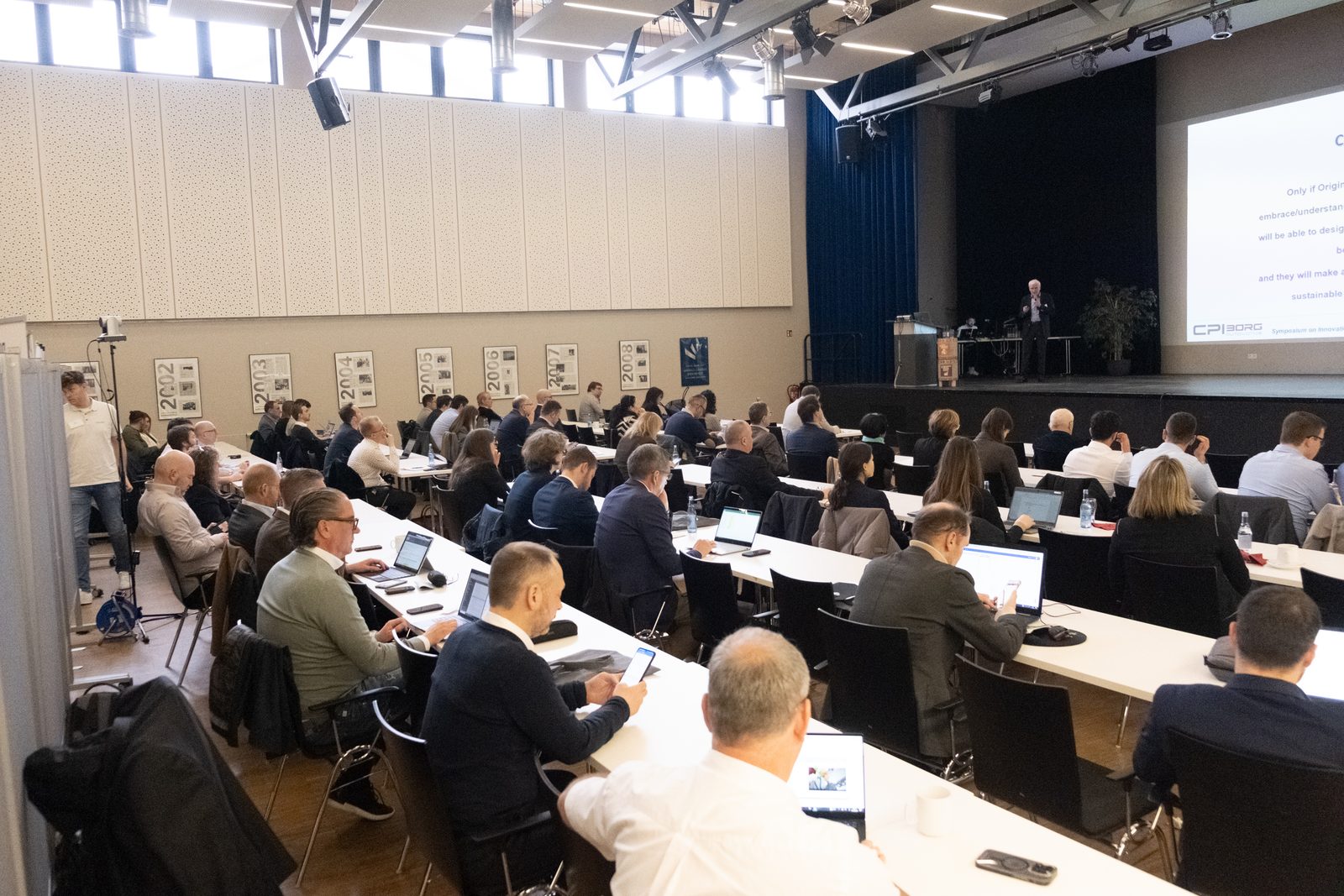View into the full lecture hall during a talk.